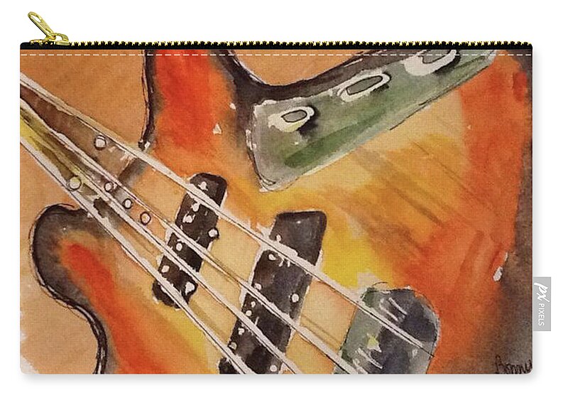 Guitar Zip Pouch featuring the painting Fender Sunburst Jazz Bass by Bonny Butler