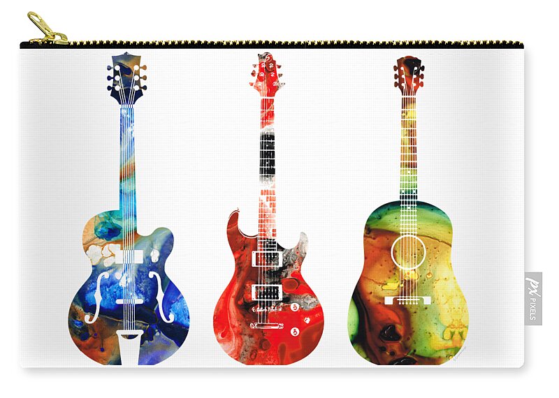 Guitar Carry-all Pouch featuring the painting Guitar Threesome - Colorful Guitars By Sharon Cummings by Sharon Cummings