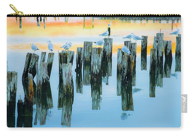 Sea Scape Zip Pouch featuring the photograph Gulls and Pilings by Jeff Cooper