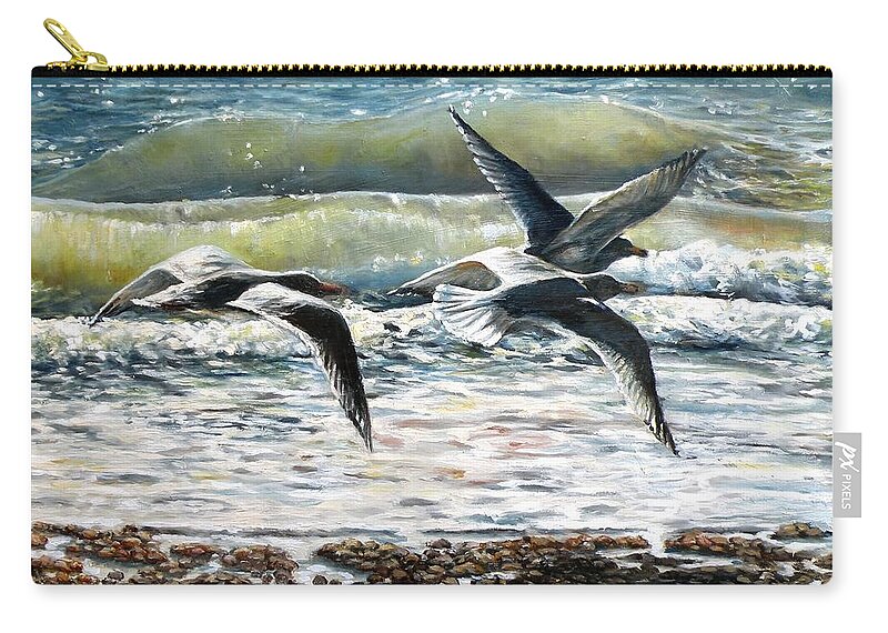 Gull Zip Pouch featuring the painting Gulls At Pebble Beach, Rockport, MA by Eileen Patten Oliver