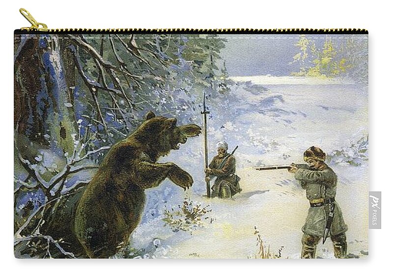 Vintage Zip Pouch featuring the mixed media Gunpowder - Bears Hunting - Vintage Russian Advertising Poster by Studio Grafiikka