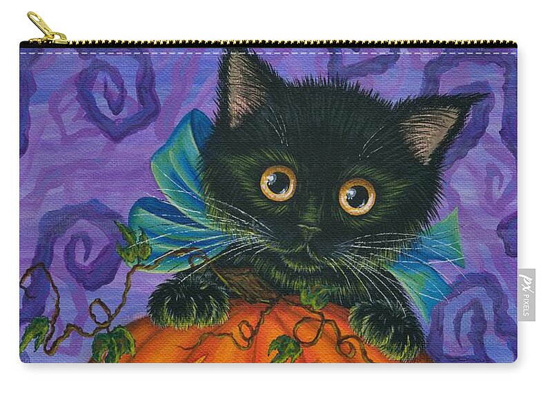 Halloween Cat Zip Pouch featuring the painting Halloween Black Kitty - Cat and Jackolantern by Carrie Hawks