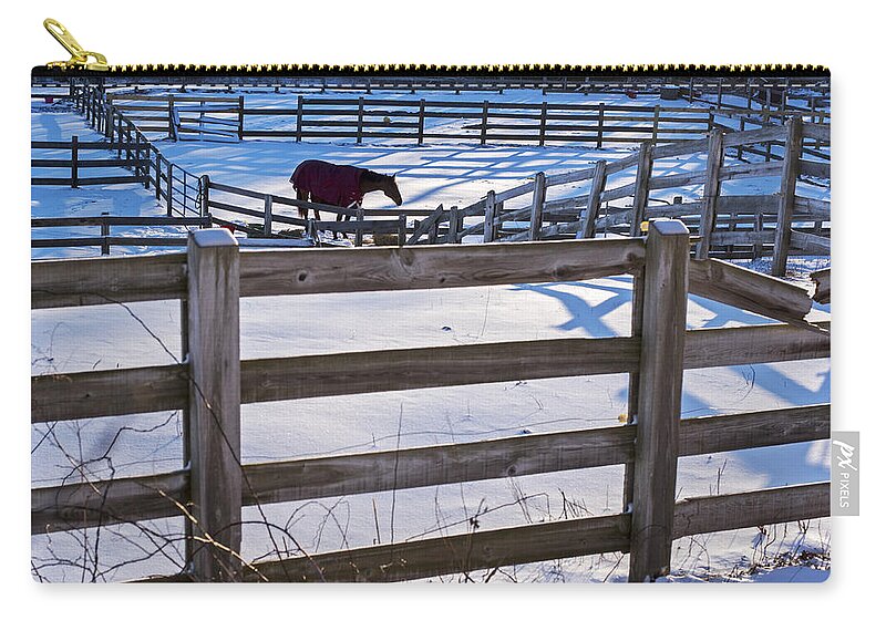 Hamilton Zip Pouch featuring the photograph Hamilton MA Equestrian Farm Blanket of Winter Snow Fences by Toby McGuire