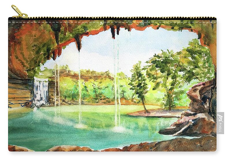 Hamilton Pool Zip Pouch featuring the painting Hamilton Pool Texas by Carlin Blahnik CarlinArtWatercolor
