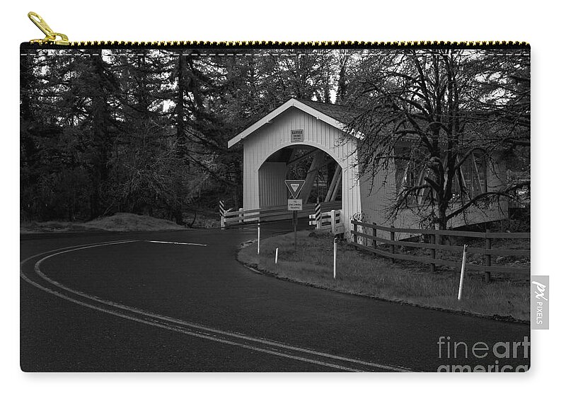 Black And White Zip Pouch featuring the photograph Hannah Covered Bridge - Black And White by Adam Jewell