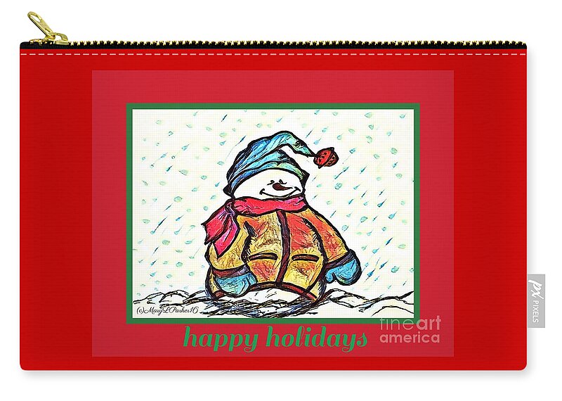 Happy Zip Pouch featuring the mixed media Happy Holidays Snowman by MaryLee Parker