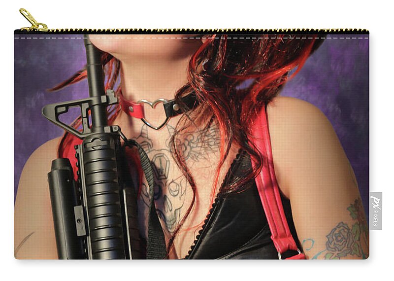 Harlequin Zip Pouch featuring the photograph Harlequin With Gun by Jon Volden