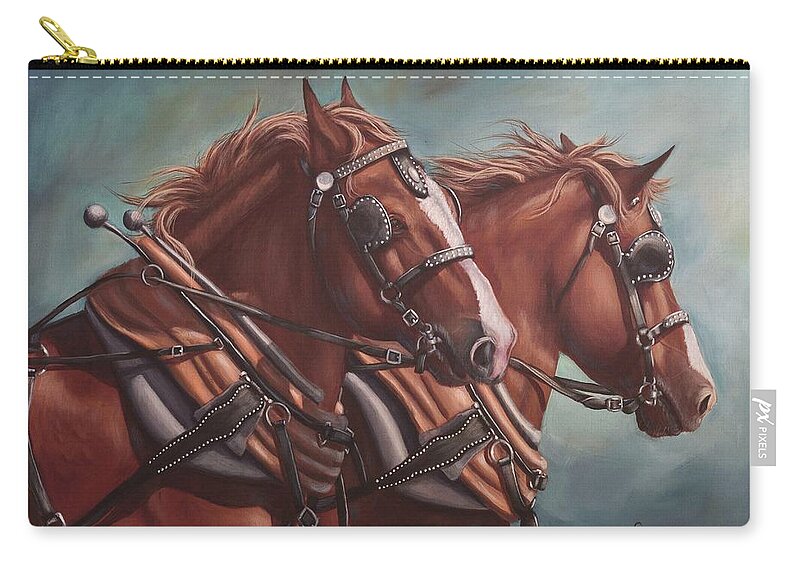 Horses Zip Pouch featuring the painting Harness Power by Cindy Welsh