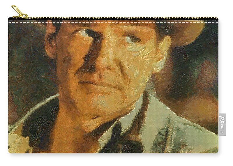 Portrait Zip Pouch featuring the digital art Harrison Ford as Indiana Jones by Charmaine Zoe