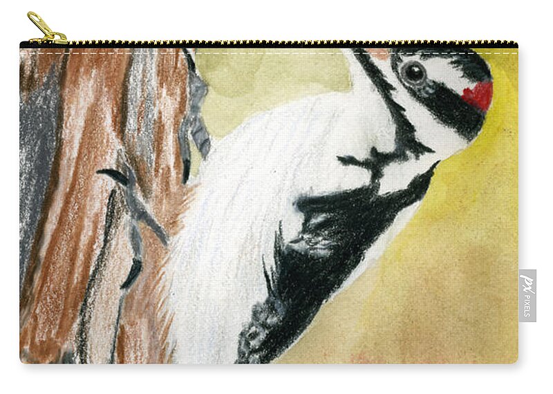 Woodpecker Zip Pouch featuring the drawing Harry the Hairy Woodpecker by Richard Stedman