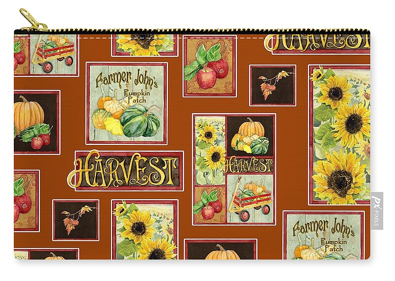 Harvest Zip Pouch featuring the painting Harvest Market Pumpkins Sunflowers n Red Wagon by Audrey Jeanne Roberts