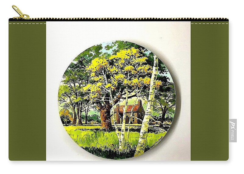 Round Zip Pouch featuring the painting Harvest Moon landscape by Robert W Cook