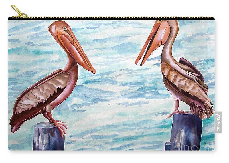 Pelicans Chatting Zip Pouch featuring the painting Have You Been To The Gulf by Kandyce Waltensperger