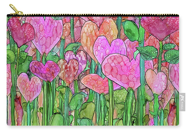 Carol Cavalaris Zip Pouch featuring the mixed media Heart Bloomies 4 - Pink and Red by Carol Cavalaris