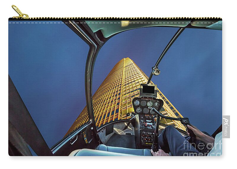 Hong Kong Zip Pouch featuring the photograph Helicopter on skyscaper facade by Benny Marty
