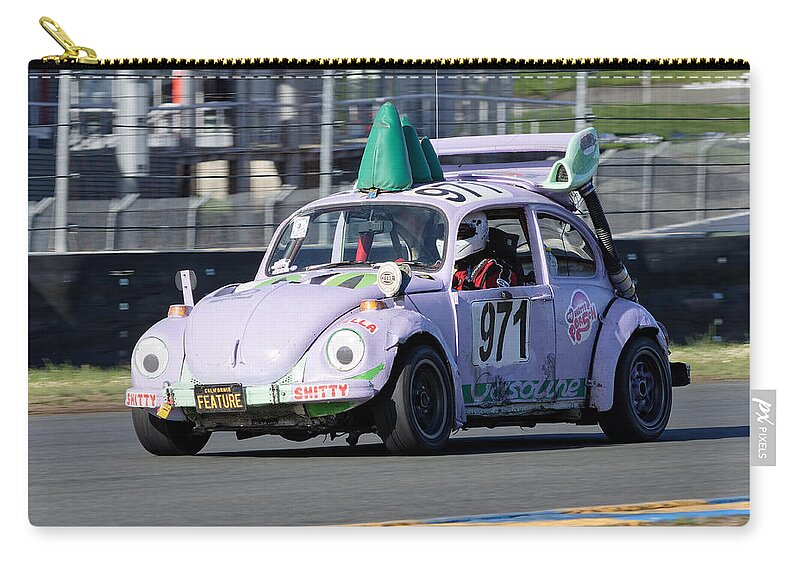Sports Zip Pouch featuring the photograph Hella Shitty Beetle -- Volkswagen Beetle Racer at the 24 Hours of LeMons Race, Sonoma California by Darin Volpe