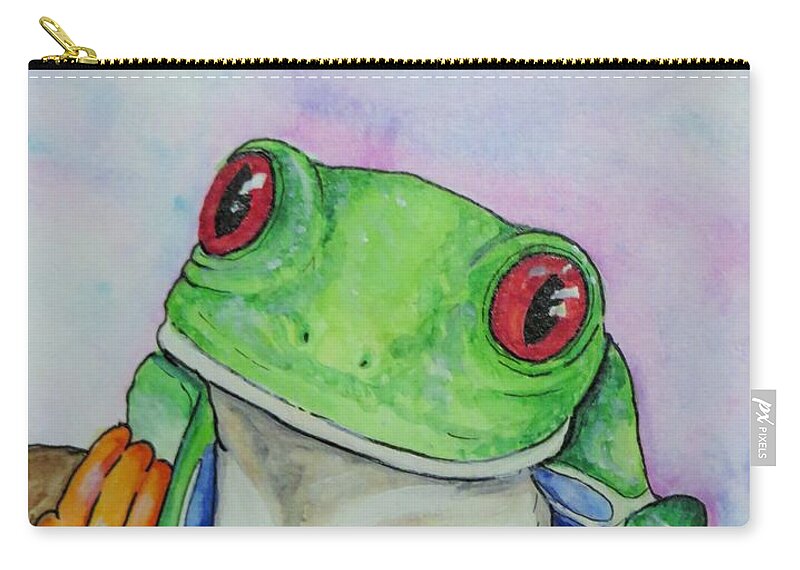 Red Eyed Tree Frog Zip Pouch featuring the painting Hello by Lora Tout