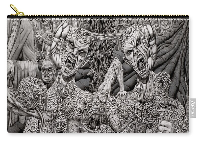 Graphite Drawing Creatures Monstrosity Gore Hell Food Dinner Diner Mutation Psychosis Mentally Deranged Greyscale Surreal Detailed Horror Zip Pouch featuring the drawing Nightmare Diner by Mark Cooper