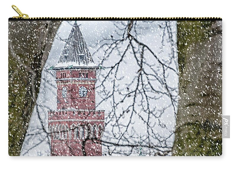 Sweden Zip Pouch featuring the photograph Helsingborg Town Hall Snowing by Antony McAulay