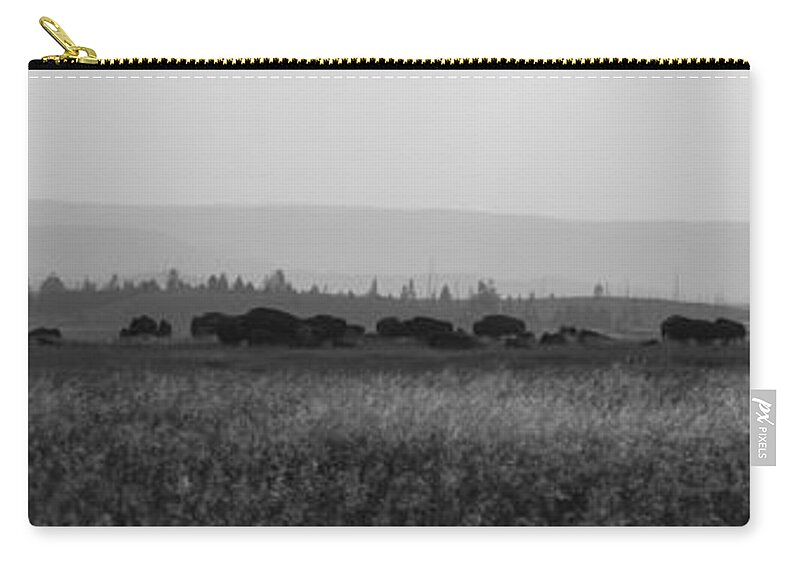 Herd Zip Pouch featuring the photograph Herd Of Bison Grazing Panorama BW by Michael Ver Sprill