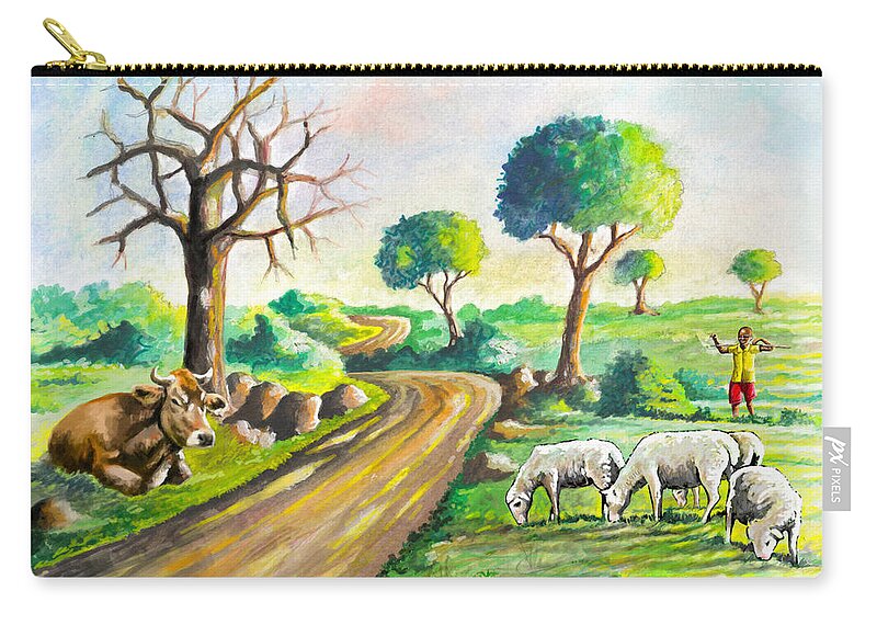 Tanzania Zip Pouch featuring the painting Herding near the Road by Anthony Mwangi