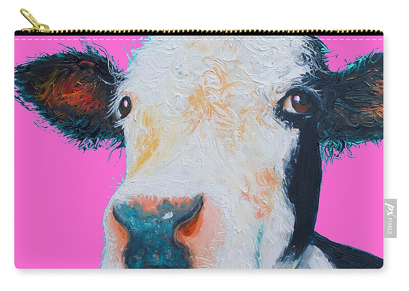 Hereford Cow Zip Pouch featuring the painting Hereford cow on hot pink by Jan Matson