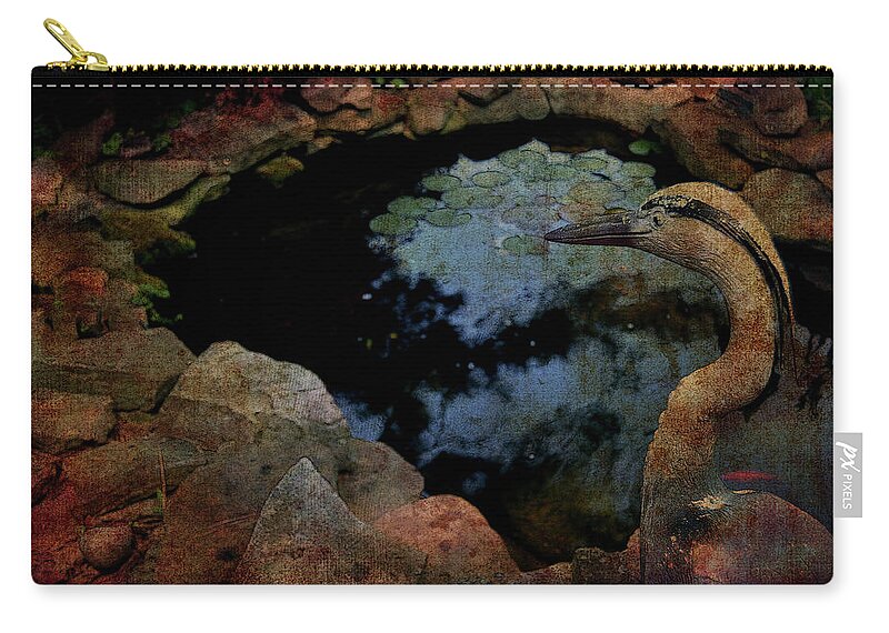 Heron Zip Pouch featuring the photograph Heron and The Koi Pond by Lesa Fine