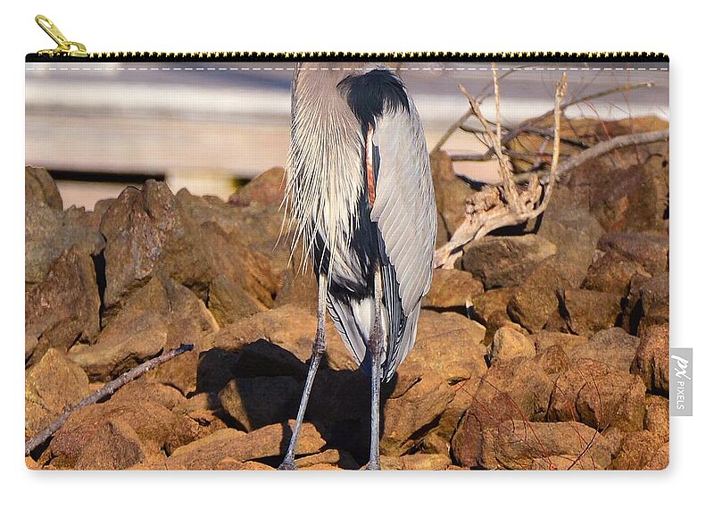 Heron On The Rocks Zip Pouch featuring the photograph Heron On The Rocks by Lisa Wooten