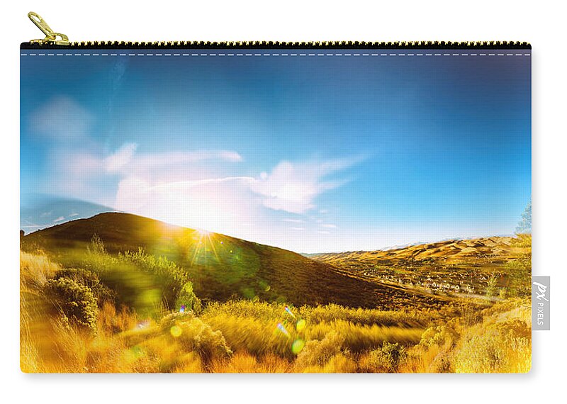 Reno Zip Pouch featuring the photograph High Desert Autumn Sunset with Double Exposure, Warm Tones and Lens Flare by Brian Ball
