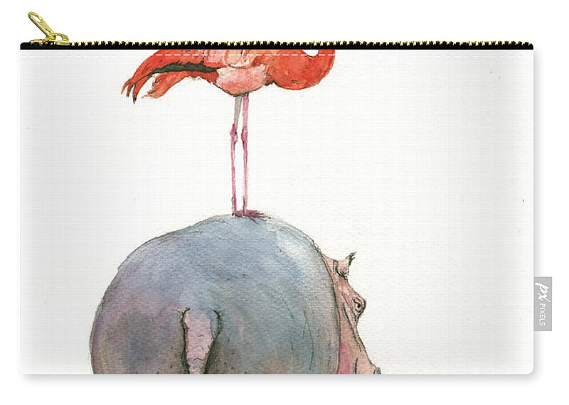 Hippo Art Carry-all Pouch featuring the painting Hippo with flamingo by Juan Bosco