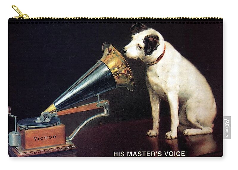 His Master's Voice Zip Pouch featuring the mixed media His Master's Voice - HMV - Dog and Gramophone - Vintage Advertising Poster by Studio Grafiikka