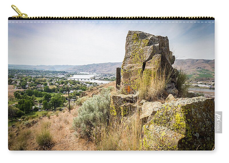 Lewiston Idaho Clarkston Washington Id Wa Lc-valley Valley Lewis Clark Fence Post Rock Rocks View Bridge Lookout Native American Indian Sage Brush Grass Rare Gone Clearwater River City Formation Ancient Zip Pouch featuring the photograph Historic Indian Lookout by Brad Stinson