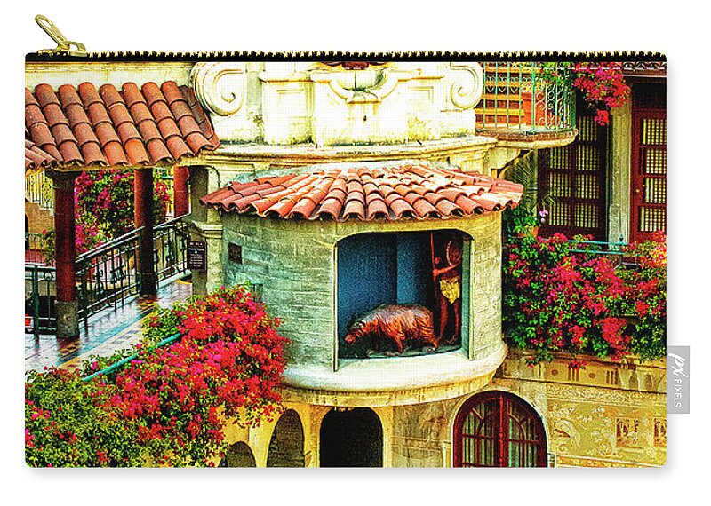 Historic Mission Zip Pouch featuring the photograph Historic Mission Inn Clock by Joseph Hollingsworth