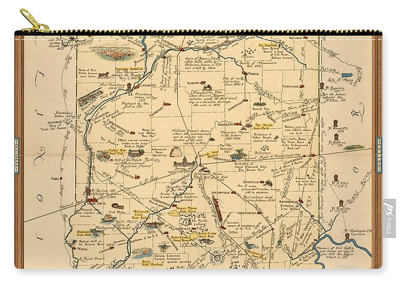 Indiana Zip Pouch featuring the mixed media Historical Illustrated Map of Indiana - Cartography - Vintage Map by Studio Grafiikka
