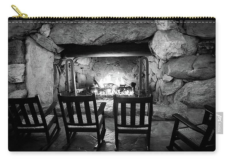 Grove Park Inn Zip Pouch featuring the photograph WINTER WARMTH in BLACK and WHITE by Karen Wiles