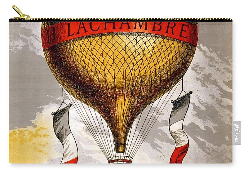 H.lachambre Zip Pouch featuring the mixed media H.Lachambre - Two Men Flying in a Hot Air Balloon - Retro travel Poster - Vintage Poster by Studio Grafiikka