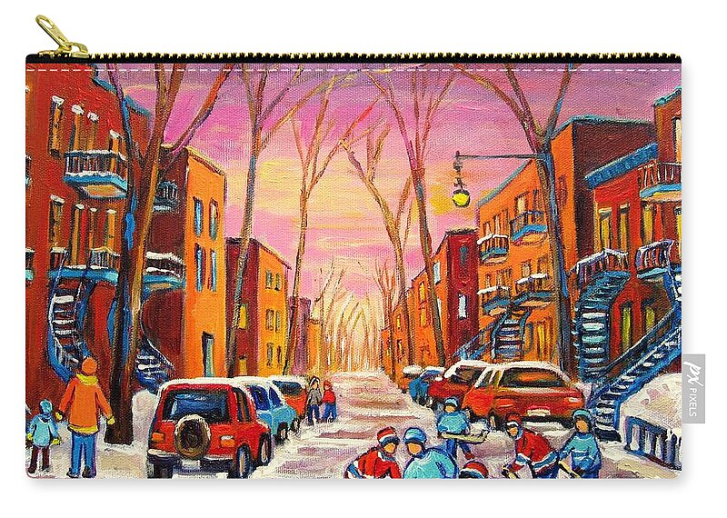 Hockey Zip Pouch featuring the painting Hockey On Hotel De Ville Street by Carole Spandau