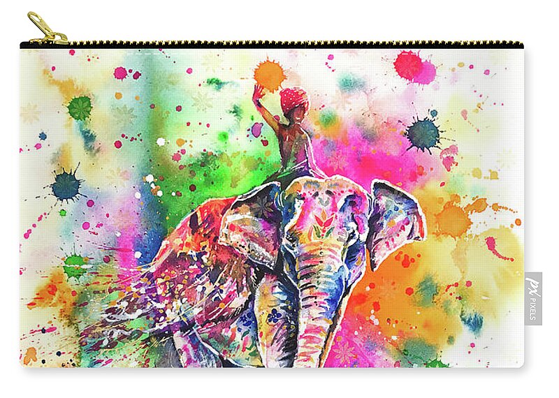 Holi Zip Pouch featuring the painting Holi Decorated Indian Elephant by Zaira Dzhaubaeva