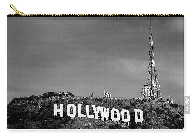 Hollywood Sign Zip Pouch featuring the photograph Hollywood Hills - Los Angeles California - Black and White by Gregory Ballos