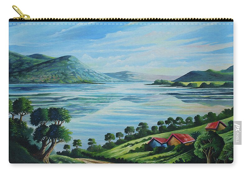 Forest Zip Pouch featuring the painting Homes by the Lake by Anthony Mwangi