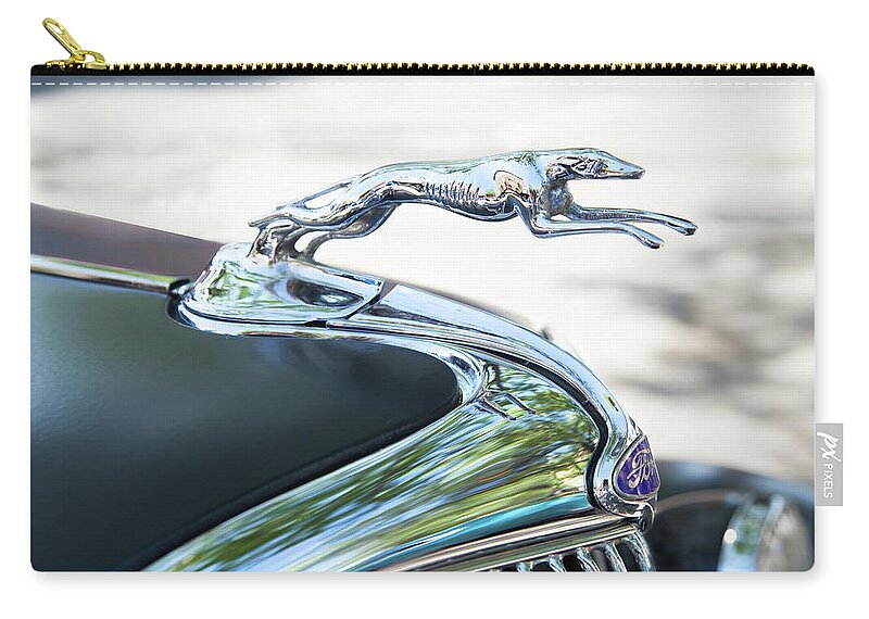 Antique Cars Zip Pouch featuring the photograph Hood Ornament Ford by Theresa Tahara
