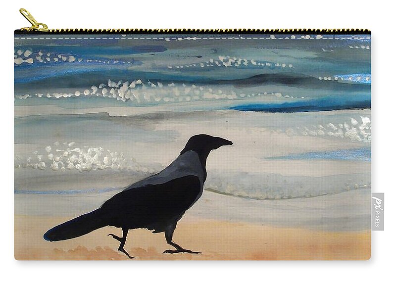 Crow Zip Pouch featuring the painting Hooded Crow at the Black Sea by Dora Hathazi Mendes by Dora Hathazi Mendes