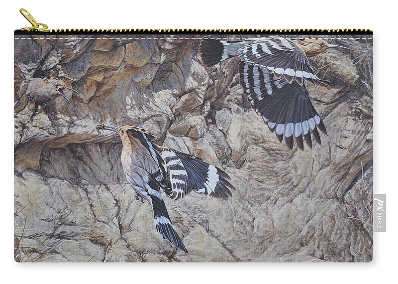 Wildlife Paintings Zip Pouch featuring the painting Hoopoes Feeding by Alan M Hunt