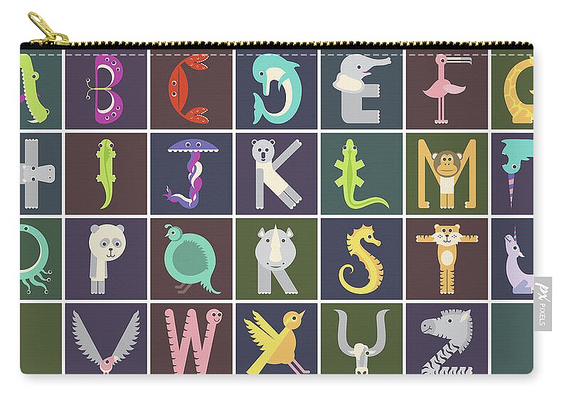 Animal Alphabet Zip Pouch featuring the digital art Horizontal Animal Alphabet Complete Poster by Jen Montgomery