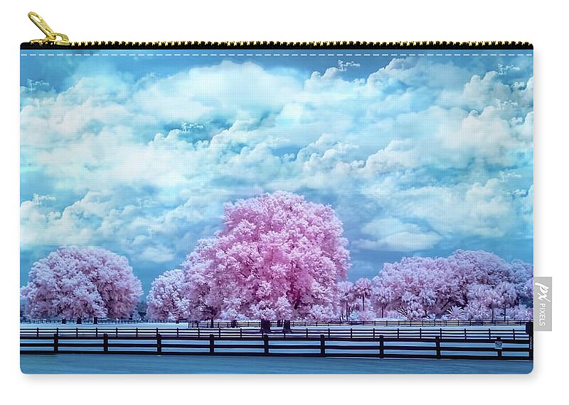 Horse Country #nature # Tree # Palm # Ir # Infrared # Infrared Photography # Palm Tree # Ir Photography # Tree Infrared # Nature Infrared # R72 Infrared # Hoya# Nature # Zip Pouch featuring the photograph Horse country in pink by Louis Ferreira