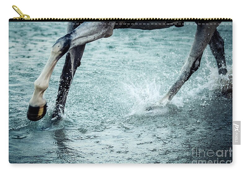 Horse Zip Pouch featuring the photograph Horse legs running on the water by Dimitar Hristov