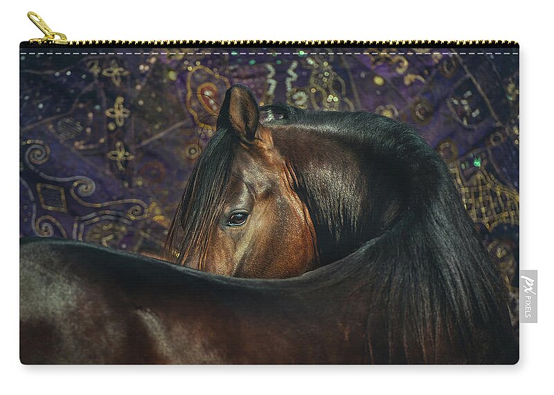 Russian Artists New Wave Zip Pouch featuring the photograph Horse Portrait with Carpet by Ekaterina Druz