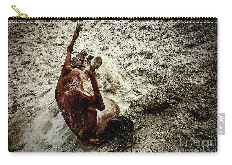 Horse Zip Pouch featuring the photograph Horse rolling in the cloud of dust by Dimitar Hristov