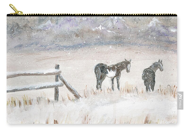 Horses Carry-all Pouch featuring the painting Horses in Snow by Sheila Johns
