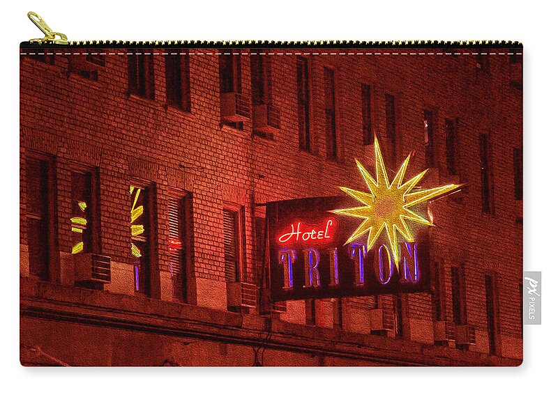 Bonnie Follett Zip Pouch featuring the photograph Hotel Triton Neon Sign by Bonnie Follett